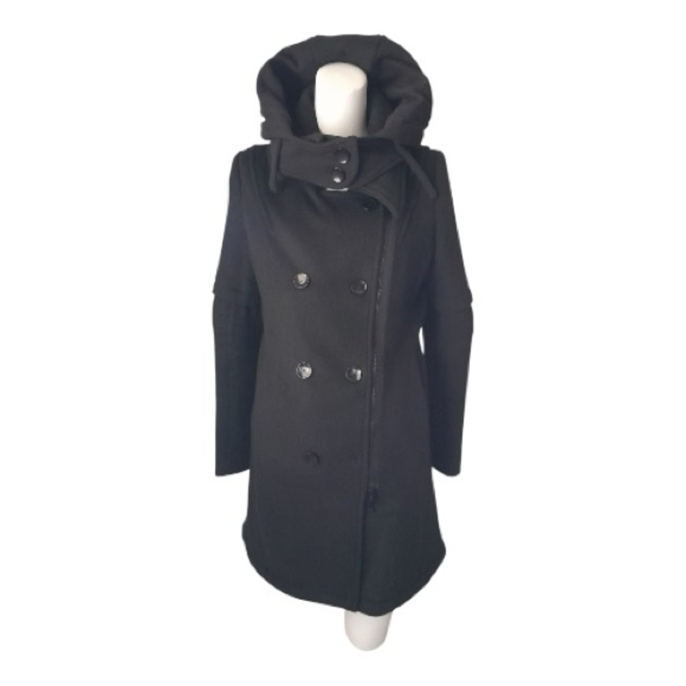 Only True Collection Black Hooded Double Breasted Wool Blend Peacoat M